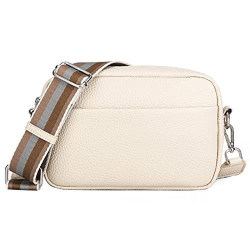 Efilra Crossbody Bag for Women, Small Leather Camera Purse Thick Strap Cross-body Bags, Triple Zip Shoulder Bag with Guitar Strap, Beige