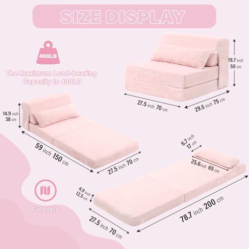 Image of Tiita Convertible Folding Sofa Bed Single Size for Adults with Pillow, Plush Fabric Floor Mattress Couch Bed, Washable Cover & Side Pocket, Guest Room, Dorm, Apartment, Living Room, Pink