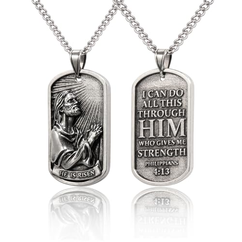 Jesus Necklace for Men – Engraved 2-Sided Masculine Dog Tag Pendant with Image of Jesus Praying & Philippians 4:13 (NIV) – Available in Aged Silver or Gold – Celebrate His Resurrection
