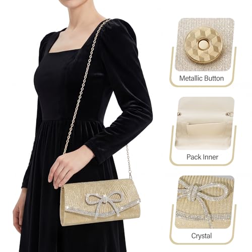 Image of Bow Rhinestone Evening Clutch Purses for Women Weddings Party Prom Diamond Glitter Sparkly Handbag with Detachable Chain