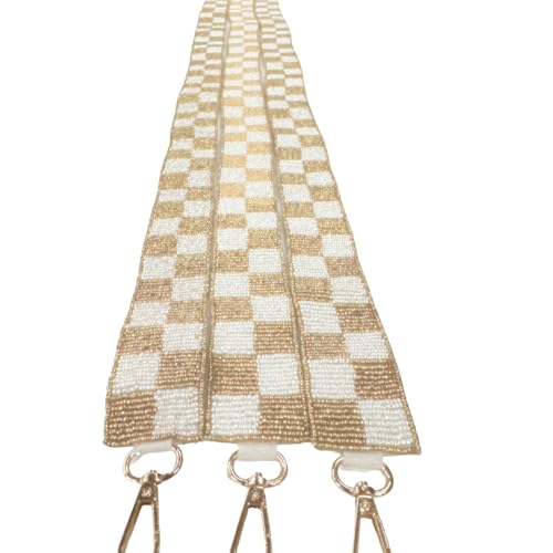 Beaded Purse Strap Tan Gold and White Checkered | 49” Long Concert Outfit for Clear Bags College Game day Gold Clips3