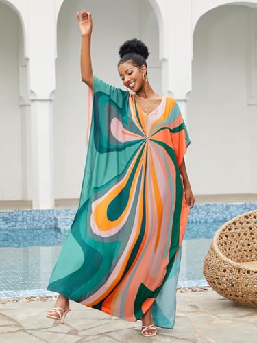 Image of Moss Rose Kaftan Dresses for Women V Neck Summer Swimsuit Cover up Caftan Maxi Beach Dresses