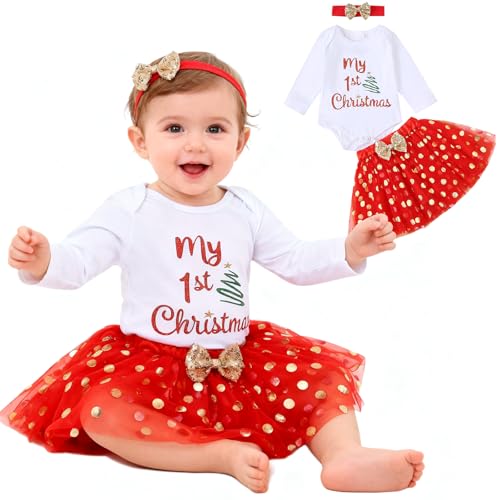 Ninivi Robe Noel Bebe, Tenue Noel Bebe Fille, Mon Premier Noels Ensemble, Pyjama Noels Bebé, Robe de Noël Bébé Fille Body + Tutu + Bandeau Nouveau-né...