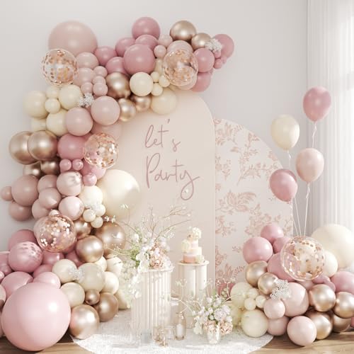 Celebloom Dusty Pink and Rose Gold Balloon Arch Kit 134pcs Double Stuffed Light Pink Dusty White Metallic Gold Confetti Balloons Garland Kits for Birthday Wedding Baby Shower Bridal Party Decorations