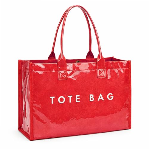 SongKedora PVC Tote Bag for Women Large Work Plastic Tote Purse Letter Print Shoulder Bag Hobo Handbag with Top Handle (Red)