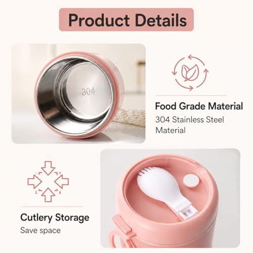 Image of 530ml Insulated Lunch Pot with Built-in Spoon | 304 Stainless Steel Food Jar, Double Wall Thermal Insulation | Leakproof Soup Container | Bento Box for Office, School & Travel - Pink