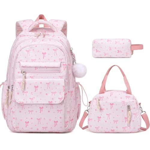Bevalsa Backpack for Girls, 3PCS Corduroy Kids Backpack Set with Lunch Box & Pencil Pouch, Bookbag Daypack Laptop Bag for Women Teens Elementary Middle High School