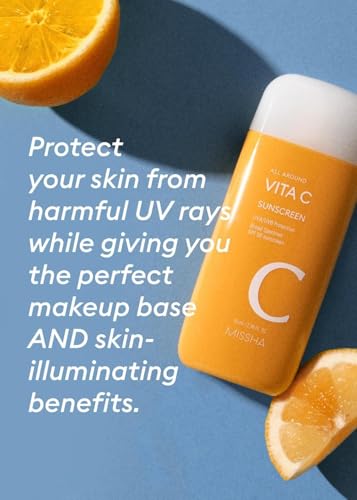 Image of MISSHA All Around Vita C Sunscreen SPF 50 /2.36 Fl Oz - Korean Sunscreen for Face with Vitamin C for Even Tone, Lightweight, Non-Sticky, Sebum Control