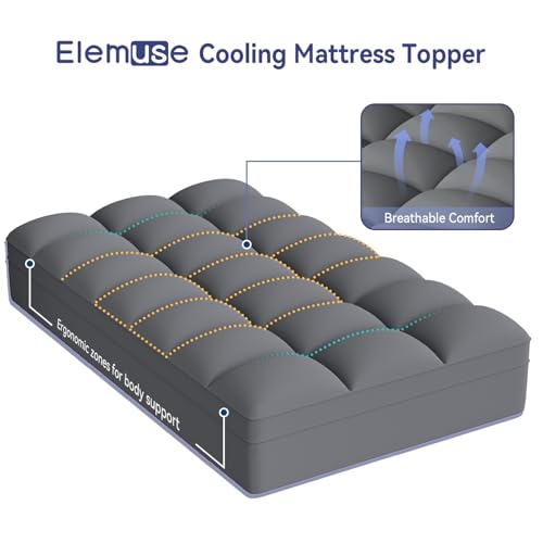 Image of ELEMUSE Twin Grey Mattress Topper, Thick Pillow Top Mattress Pad | Overfilled down alternative filling adds plush comfort. Deep pocket design fits twin beds for small spaces and guest rooms.