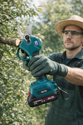 Image of KAITO 21V Cordless Electric Pruning Shears | 25mm High Carbon Steel Blade Branch Cutter | Digital Display | Rechargeable Garden Pruner for Fruit Trees, Plants & Hedges | Green-Black
