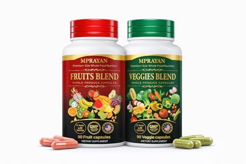 MPRAYAN Fruit and Veggie Superfood for Natural Energy & Immune Support | 30+ Whole Foods, Vegan, Non-GMO | 90 Fruit + 90 Veggie Capsules – 30-Day Supply (2-Bottle Set)