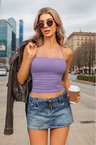 Image of Avidlove Halter Tops for Women Going Out Double Lined Sexy Crop Tank Top Ruched Slim Fit Cami Y2K Outfits Womens Summer Tops