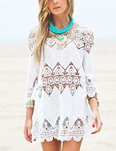 Women's Bathing Suit Cover Up Lace Crochet Tunic Bikini Beach Dress (M, White)2