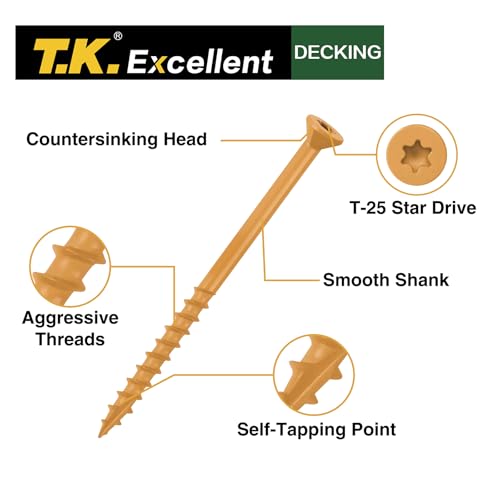 Image of T.K.Excellent Deck Screws 3 Inch Wood Screws #10 x 3, 315 Pcs, Rust Resistant Structural Screws Tan Exterior Fence Screws Torx Drive Screw, Two T25 Bits, Brilliant Yellow Ruspert Coating Rust Proof