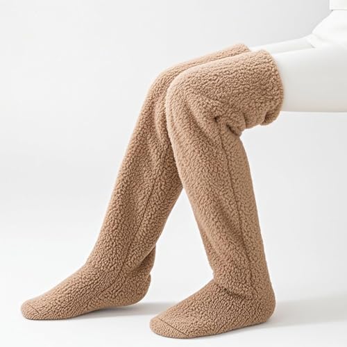 Image of ZJchao Winter Warm Knee Socks for Women, Furry Over Knee Extra Thick Socks, Soft Home Leg Warmers for Sleeping, Brown