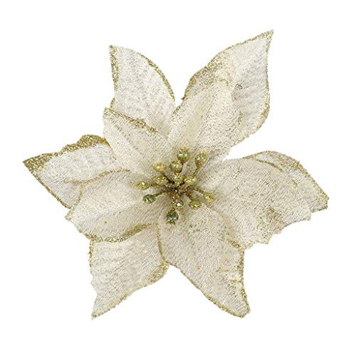 Christmas Glitter Flower Ornaments,Jchen 20Pcs Glitter Christmas Tree Ornaments Artificial Christmas Flowers Christmas Tree Decoration Flower for Home Party Wedding Decorations (Gold)