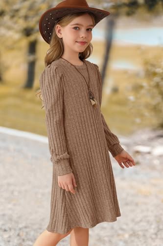 YOVION Girls Fall Knit Dress Crew Neck Puff Long Sleeve Casual Tunic Dresses with Pockets 6-12 Y3