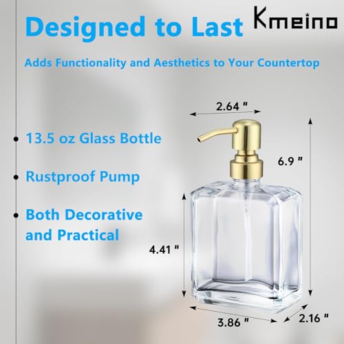 Image of Square Clear Glass Dish Soap Dispenser Brushed Gold Pump, Antique Refillable 13.5 oz Lotion Hand Soap Dispenser with Rust Proof Stainless Steel Pump for Bathroom Kitchen Countertop