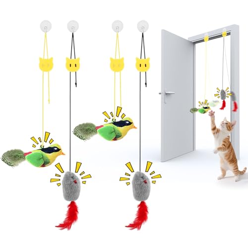 Wugauwor 4 Stück Katzenspielzeug Selbstbeschäftigung mit Federschwanz, Quietschmäuse & Vogel...