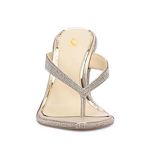 SHODENSE Women Stiletto Heel Thong Sandals Rhinestone Heeled Flip-Flops Open Pointed Toe Sexy 5 Inch Y-Strap Thong heels Glitter Slip On Heeled Slippers Dress Wedding Bridal Evening Heels 4-11 M US4