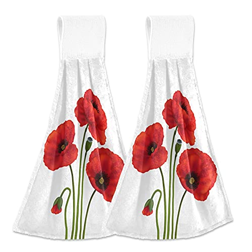 Oarencol Lot de 2 essuie-mains absorbants avec boucle pour salle de bain Motif coquelicots rouges
