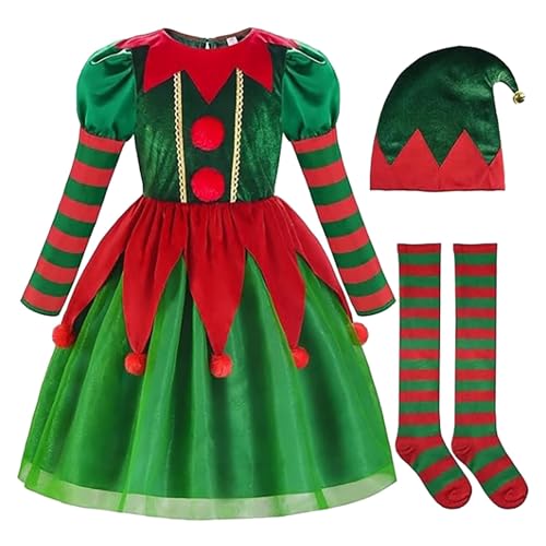 Disfraz de Lutin de Navidad para niños, traje para carnaval, fiesta, niña, conjunto completo con gorro vestido de duende de Navidad, Cosplay ropa con falda, sombrero, calcetines disfraz de elfo