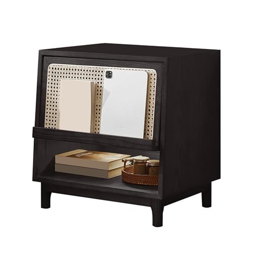 KCCRHIN Mesita De Noche Rústica De Madera Maciza con Puerta Abatible, Mesita Auxiliar Bohemia De Ratán, Pequeño Armario De Almacenamiento, Velador para Salón O Dormitorio,Negro
