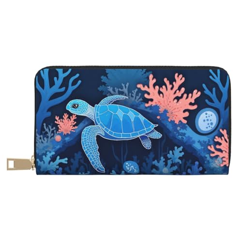 Abstract Blue Turtle Print Wallet Women, Leather Bifold Multi Card Wallet, Long Purse Women's Wallets