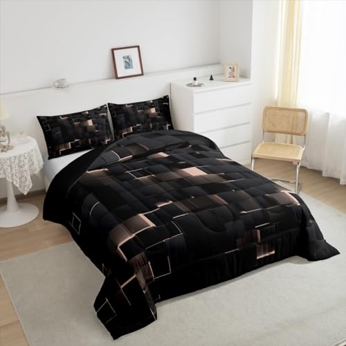 Image of Erosebridal Black and Pink Bedding Set Queen Neon Geometric Checkered Comforter Set for Kids Girls Teen,Tereoscopic Grids Comforter Square Plaid Quilt Duvet Room Decor 3 Pcs