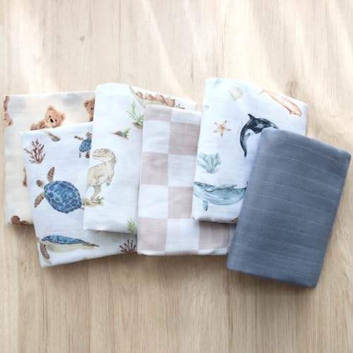 Image of LifeTree Muslin Swaddle Blankets, Baby Swaddling Wrap Nursery Receiving Blanket for Boys & Girls, Soft 70% Viscose from Bamboo and 30% Cotton, Large 47 x 47 inches, Sea Turtle & Solid Colors