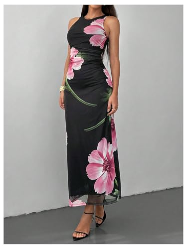 Milumia Women's Floral Mesh Maxi Dress Sleeveless Crew Neck Ruched Bodycon Long Dresses2