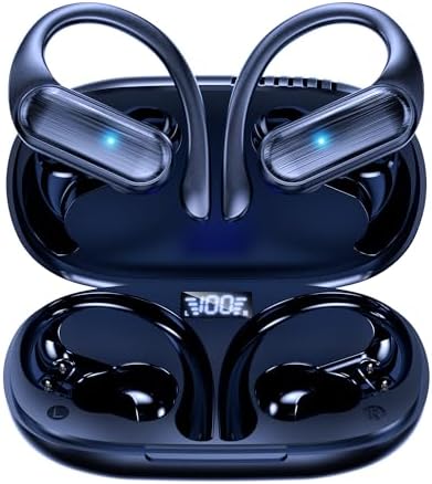 Wireless Earbuds Bluetooth Headphones 80hrs Play Back Sport Earphones with LED Display Over-Ear Buds with Earhooks Built-in Mic IPX7 Waterproof Headset for Workout Grey-Dark Blue