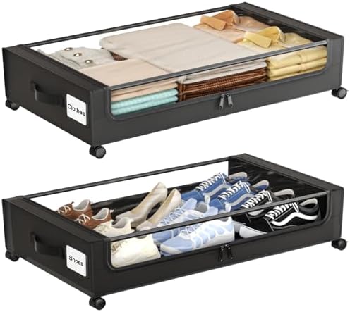 Under Bed Storage with Wheels,Under Bed Storage Containers with Clear Lids, Under-Bed Organizers for Clothes, Shoes – Durable Storage Bins with Smooth Rolling Wheels (Black, 2 Pack)