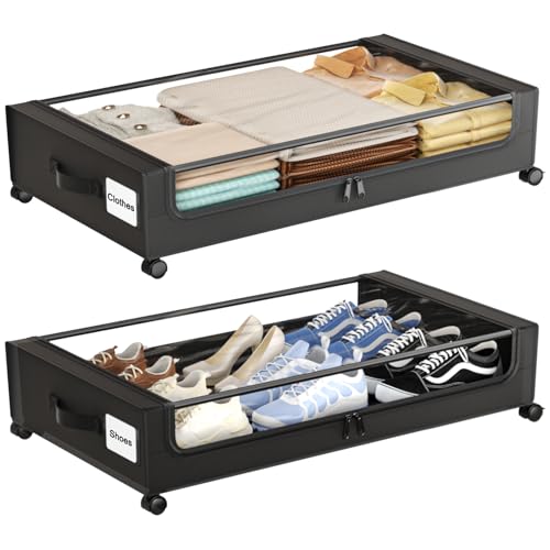 GoFujuco Under Bed Storage with Wheels,XXL 60L Under Bed Storage Containers with Clear Lids, Rolling Under Bed Metal Drawer for Clothes, Shoes,Toys (Black, 2 Pack)