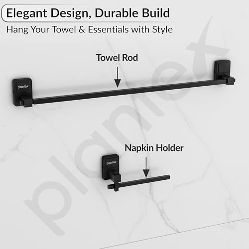 Image of Plantex 304 Grade Stainless Steel Bathroom Accessories Set of 5 - Towel Rod /Hand Napkin Hanger for Wash Basin /Soap Case /Toothbrush Holder /Robe Hook - Darcy (Black)