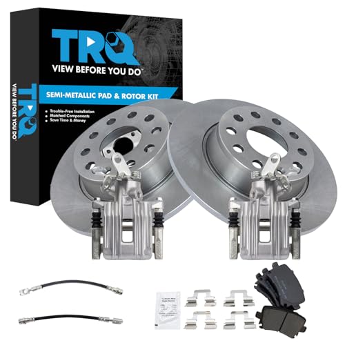 Image of TRQ Rear Brake Pad and Rotor Set Semi Metallic Rotors Calipers Compatible with 2010 Audi A3 A3 Quattro Volkswagen Golf Jetta 2011 GTI