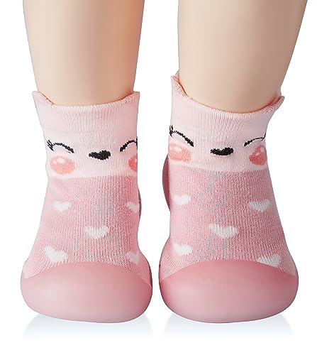 SEBELLST Baby Girl Sock Shoes Rubber Sole Non Slip Indoor Slipper Infant Girls First Walking Floor Shoes Soft Sole Non-Skid Slipper Breathable Lightweight Cotton Mesh Baby Shoes (Pink-3,9-12 Monthes)