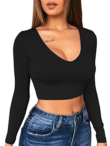 XXTAXN Women's Sexy Bodycon Basic Scoop Neck Long Sleeve Slim Solid Color Crop Top