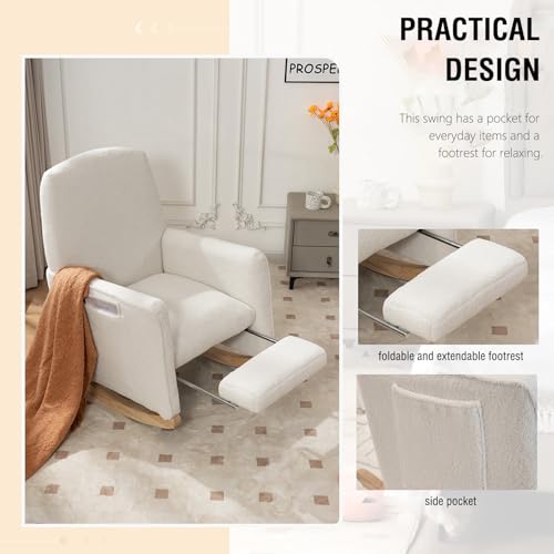 Fauteuil à Bascule avec Repose-Pieds, Chaise à Bascule avec Accoudoirs et Poches Latérales, Rocking Chair avec Pieds en Bois Massif, Charge maximale : 110 kg, Convient au Bureau, Lire, Blanc – Image 5