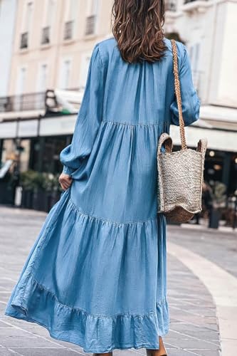 chouyatou Women's Spring Long Sleeeve Tiered Denim Dress Summer Flowy A-Line Maxi Long Tunic Dress2