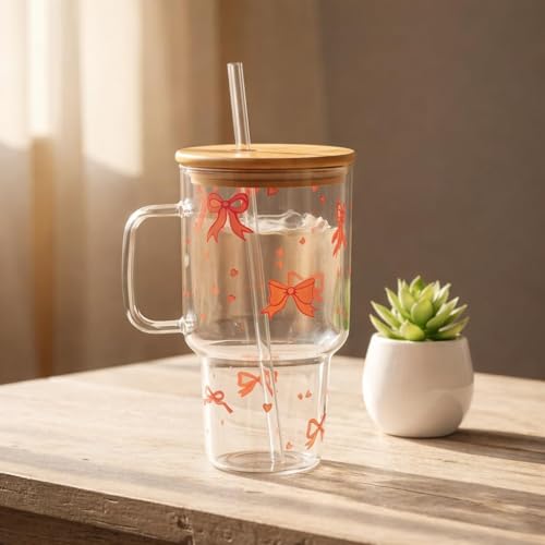 Image of Bow Glass Tumbler with Handle & Lid 1000ml | Iced Coffee Cup with Straw | Reusable Glass Mug for Cold & Hot Drinks Bow Design Iced Coffee Cup for Smoothies, Tea, Juice & Travel