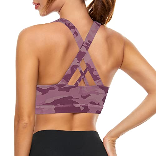 Image of Sports Bras for Women High Impact Support for Yoga Gym Running Workout Fitness Strappy Sports Bra with Padded Removable Cups, Purple Leopard, Large