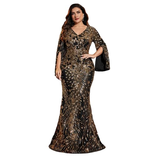 Image of Plus Size Formal Dresses for Women with Embroidery Sequin and Cape Sleeve, V-Neck Maxi Dress for Wedding and Party