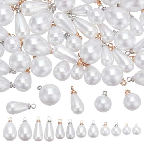PH PandaHall - PH PandaHall 60pcs Pearl Pendant Charms 8 Sizes Faux Pearl Charms 2 Colors Imitation Teardrop Beads with Loop Connectors for Jewellery Making Earrings Bracelet