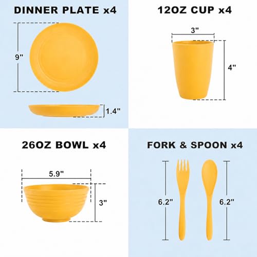 Image of 20 Piece Wheat Straw Dinnerware Sets for 4, Unbreakable Dish Set,Reuseable Kids Plates and Bowls Sets for 4, Lightweight Kitchen Dishware Set for Camping, Picnic, and Famliy Meal - Yellow