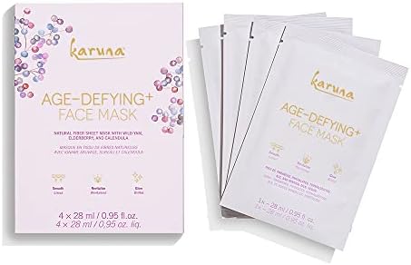 Karuna Age-defying+ Sheet Masks for Face, Facial Skincare and Beauty Essential Made of Absorbent Natural Fiber with Wild Yam and Elderberry to Restore Glow in Dry, Mature Skin (4 Sheets per Set)
