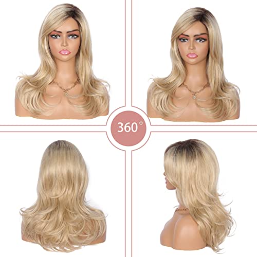 Kalyss Ladies Ombre Blonde Dark Brown Roots Long Curly Wavy Heat Resistant Synthetic Hair Wig For Women Blonde Wig With Bangs #TOP4