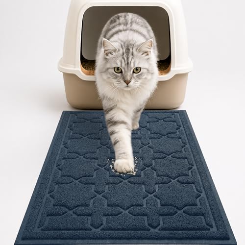 Image of Yimobra Cat Litter Mat, Easy Clean Trapping PVC Mat, 35.4 inch x 23.6 inch, Waterproof Backing, Non Slip Bottom, Scatter Control Pad for Litter Box, Dark Blue
