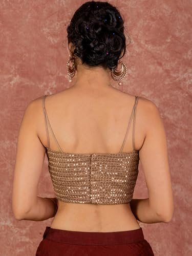 Image of FIGURE'S DESIGNER Women's Spagehtti Neck Strap Sequin Embroidered Sleeveless Readymade Saree Blouse E22