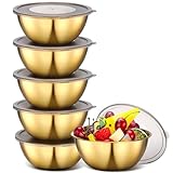 Nuogo 6 Pack 6.69 Inches Gold Stainless Steel Mixing Bowls with Airtight Lids Stackable Metal Serving Esthetician Facial Bowls for Salad, Fruit, Soup & Kitchen Prep